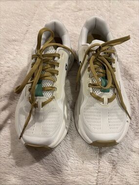 On Running White Athletic Sneakers with Tan Laces